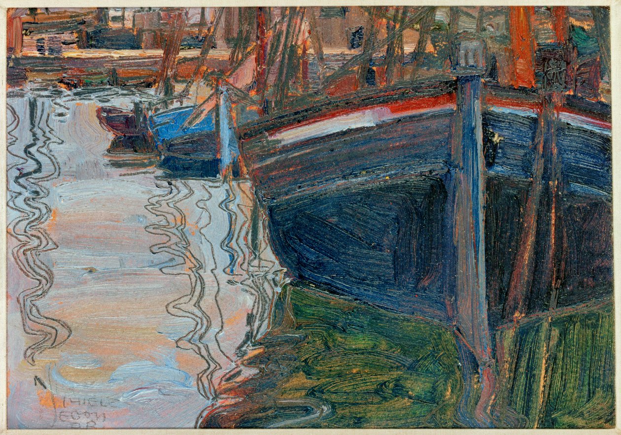 Boats, sich im Wasser spiegelnd [Barcos, sich im Wasser spiegelnd [Barcos espelhados no ... de Egon Schiele