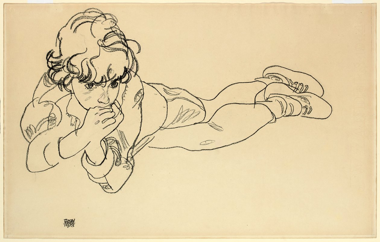 Menino deitado de bruços, 1918 de Egon Schiele