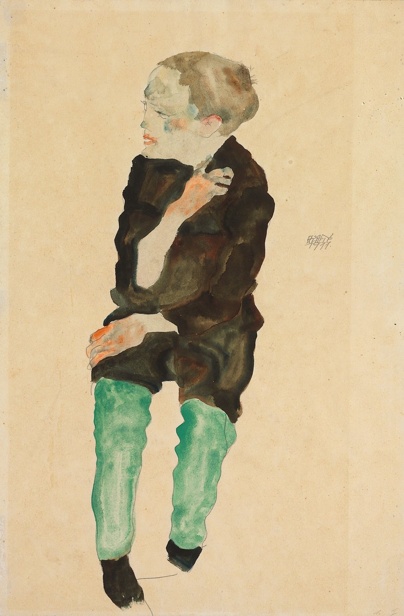 Menino com meias verdes; Bub mit grunen Strumpfen, 1911 de Egon Schiele