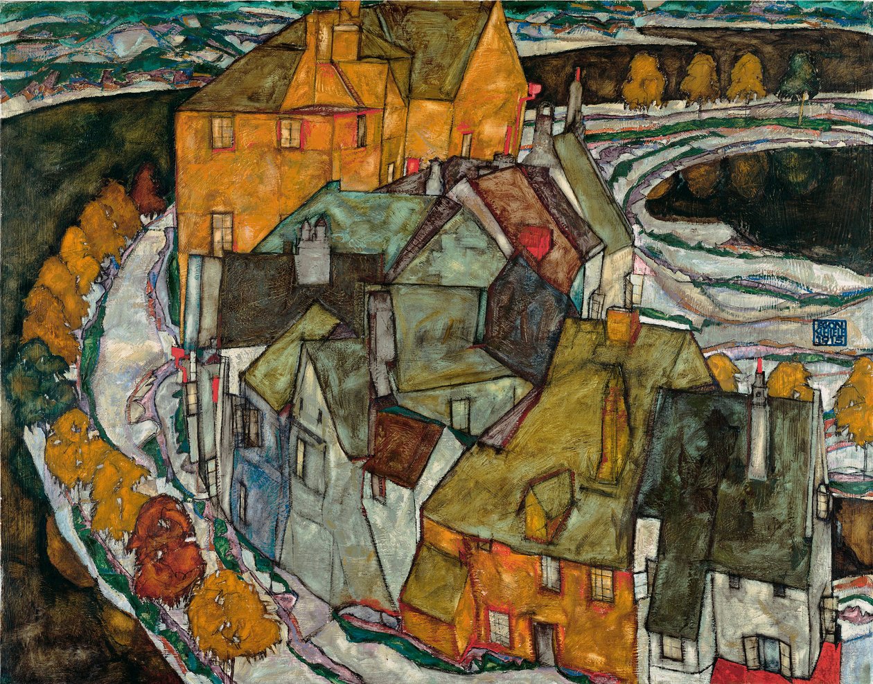 Crescent of Houses II (Cidade da Ilha) - Pintura de Egon Schiele (1890-1918), óleo sobre tela de Egon Schiele