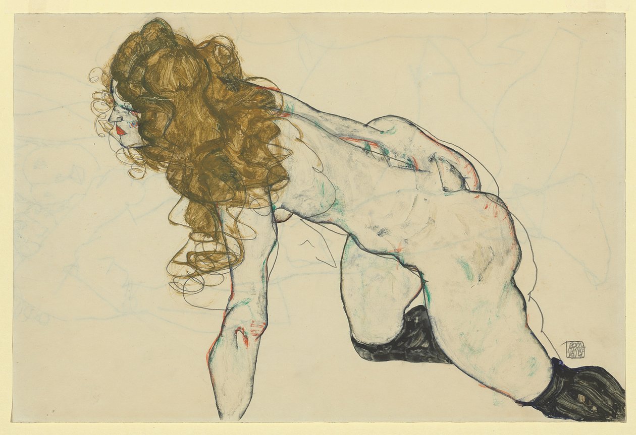 Nu feminino agachado com cabelo louro e braço esquerdo pousado (frente) de Egon Schiele