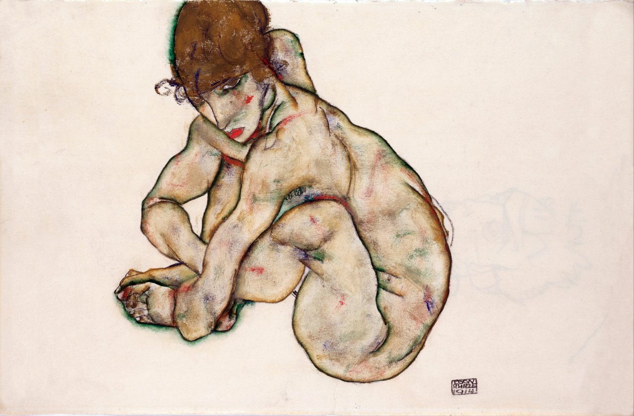 Menina Nua Agachada - Schiele, Egon (1890-1918) - 1914 - Giz preto, Gouache sobre papel - 31,5x48,2 - Museu Leopold, Viena de Egon Schiele