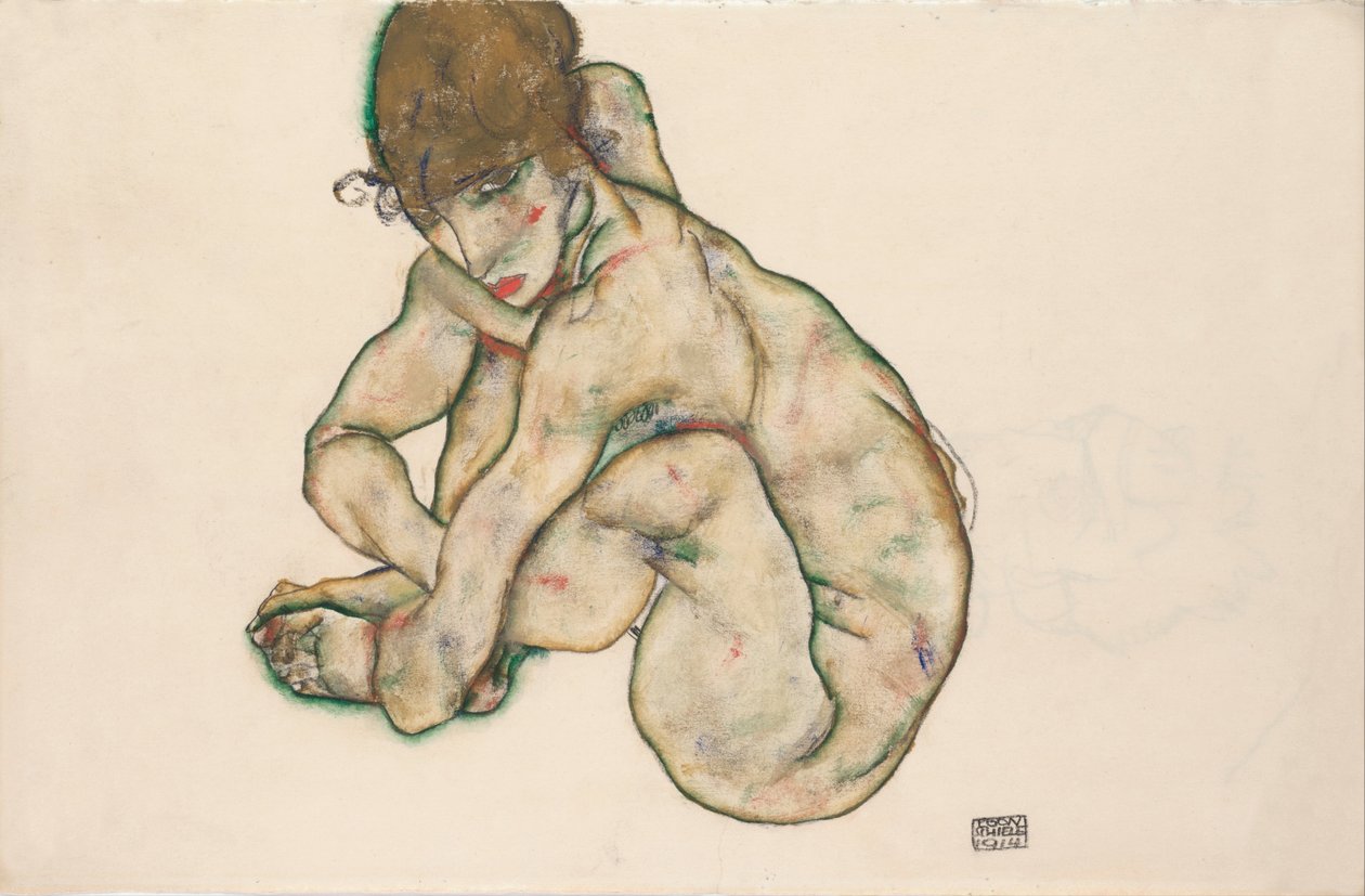 Menina nua agachada, 1914 de Egon Schiele