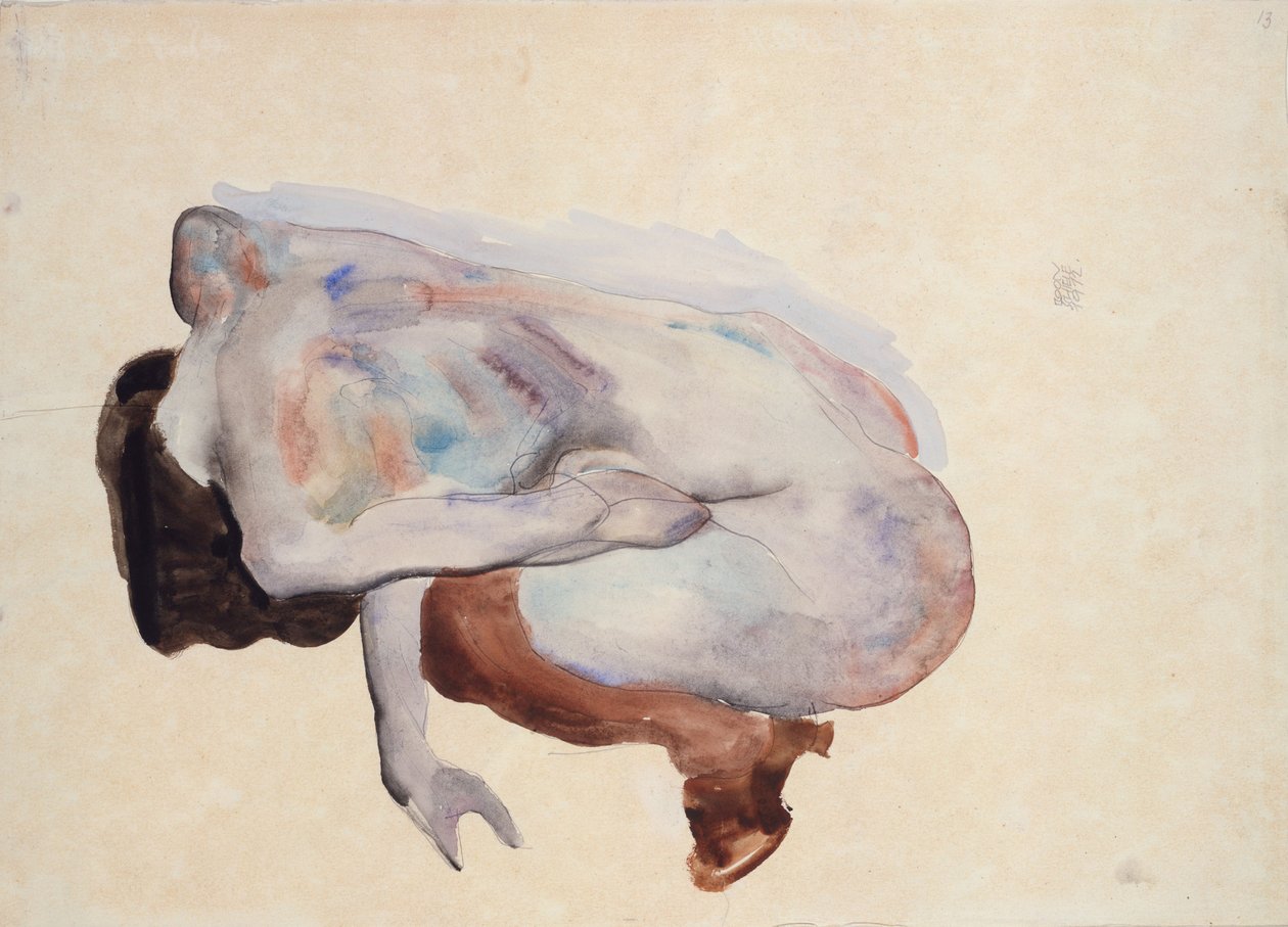 Nudez Agachado em Sapatos e Meias Pretas, Vista Traseira, 1912 (wc, guache e grafite sobre papel) de Egon Schiele