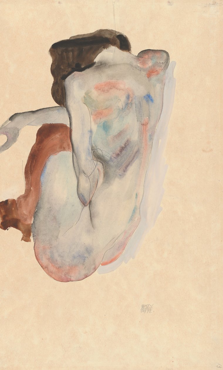 Nu agachado em sapatos e meias pretas, vista traseira, 1912. de Egon Schiele