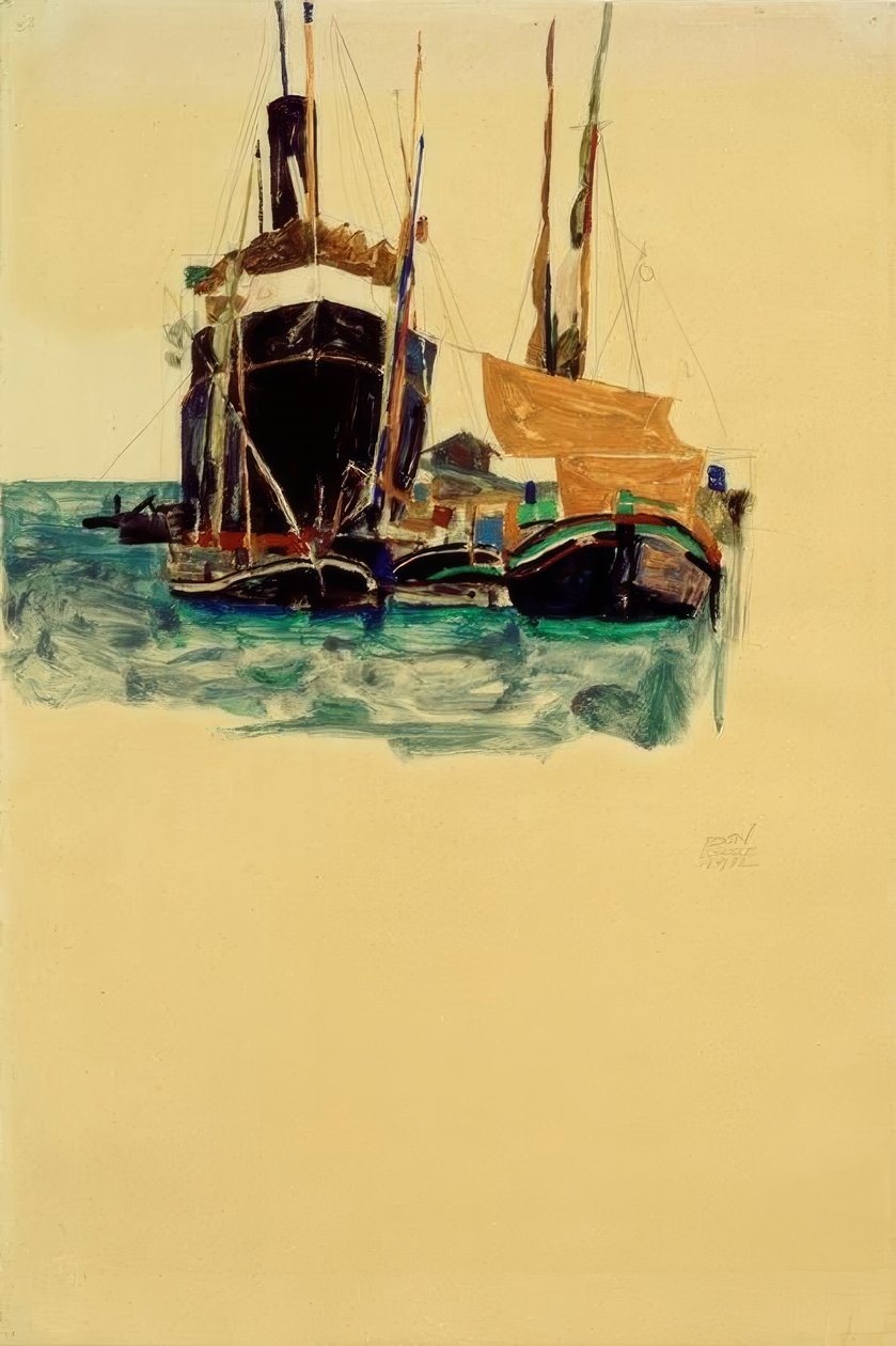 Vapor e veleiros no porto de Trieste de Egon Schiele