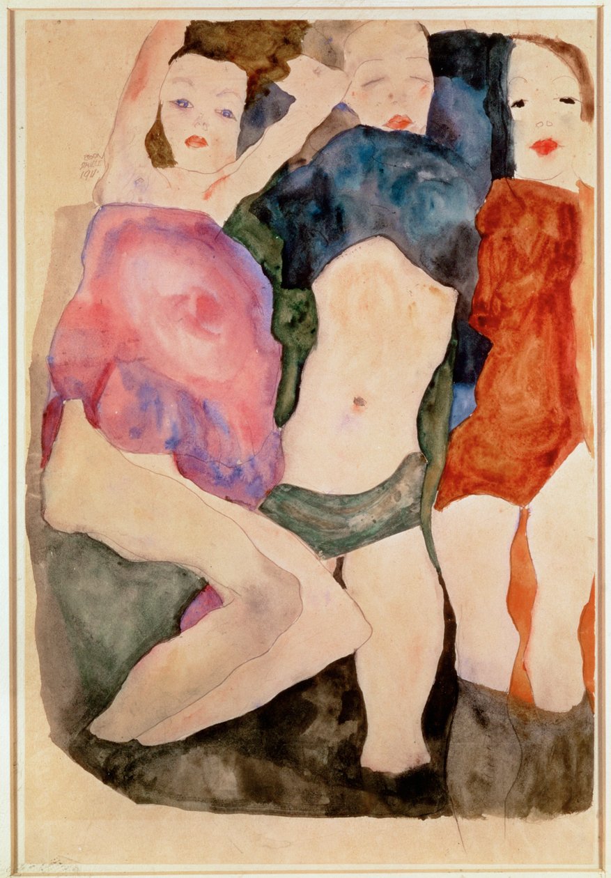 Drei Maedchen [Três raparigas] (aguarela e lápis) de Egon Schiele