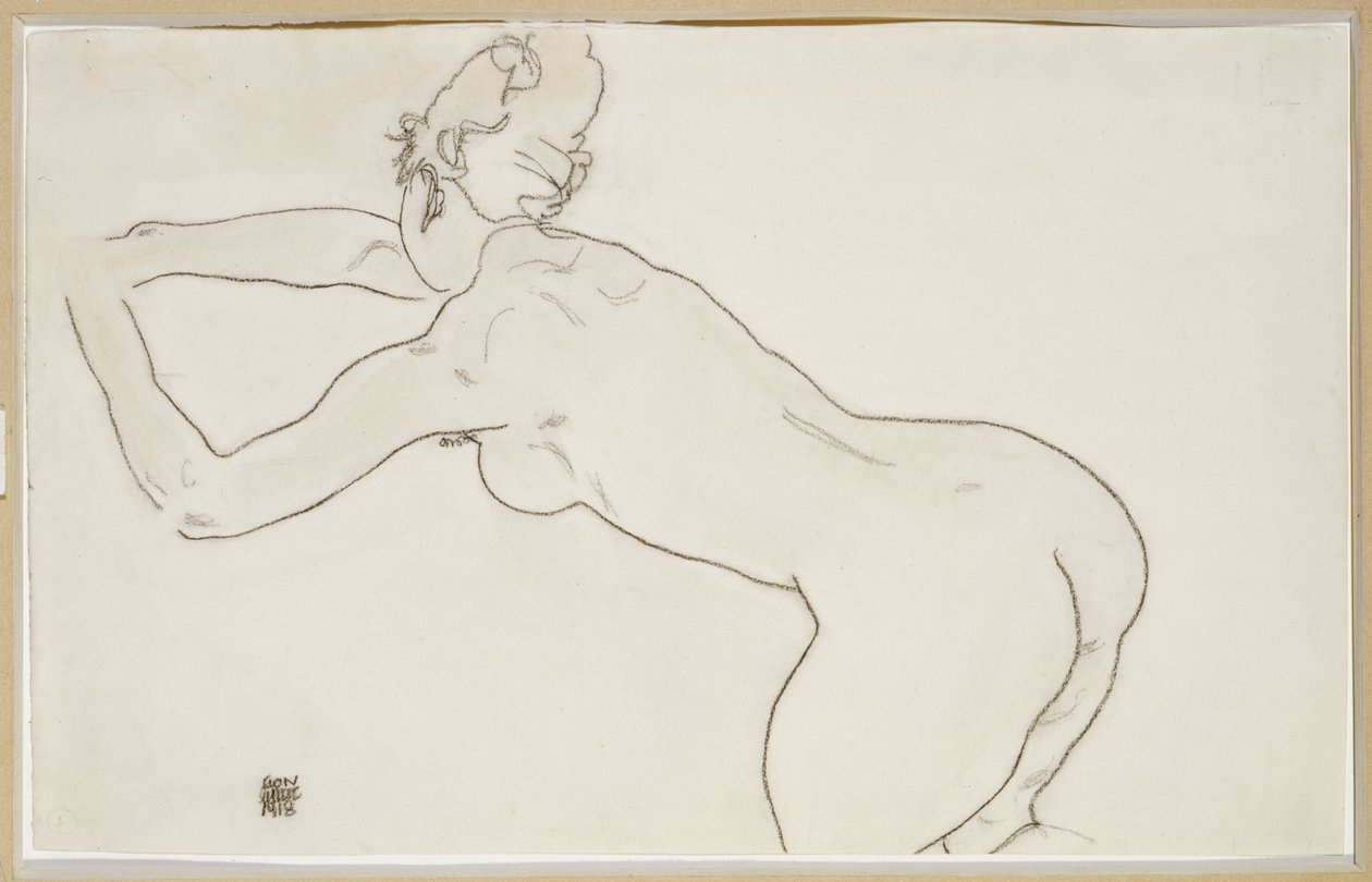 Mulher nua ajoelhada e inclinando-se para a esquerda, 1918 de Egon Schiele