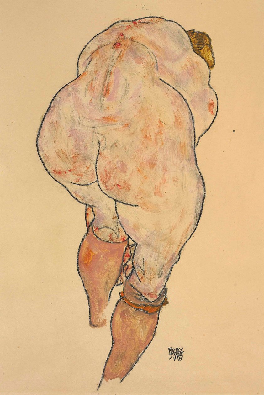 Nu fêmea que levanta meias, vista traseira, 1918. de Egon Schiele