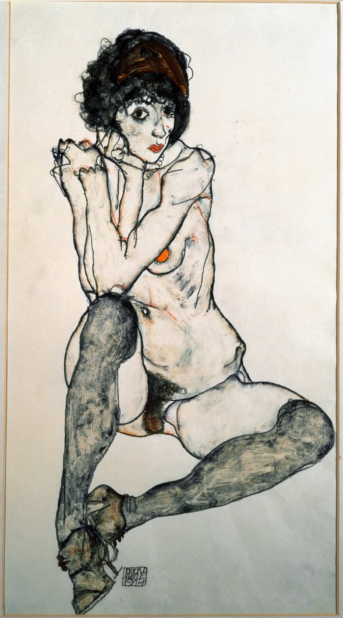 Desenho de Aquarela sentada nu feminino por Egon Schiele (1890-1918) 1914 Dim. 48,3x32 cm Coleção de Artes Gráficas de Viena Albertina de Egon Schiele