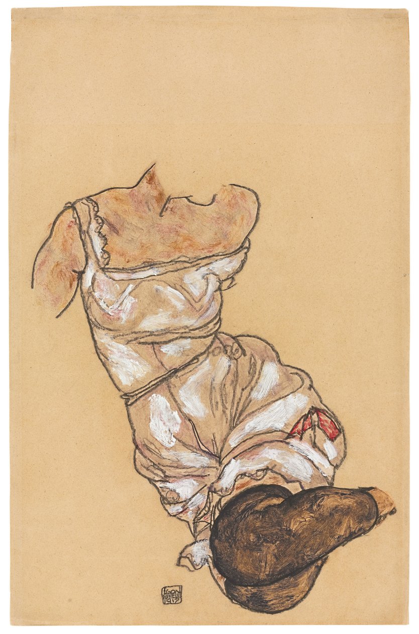 Torso feminino em lingerie e meias pretas; Torso feminino em roupas íntimas e meias pretas, 1917 de Egon Schiele