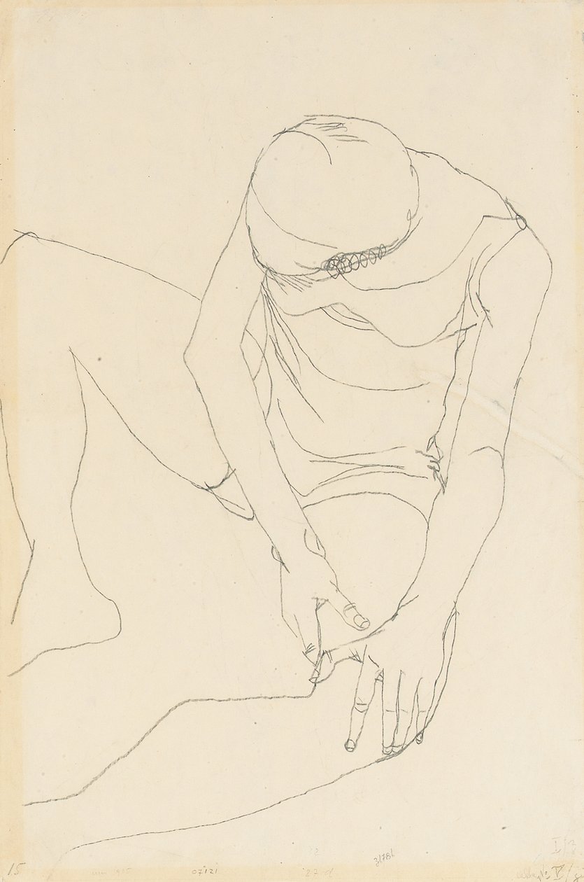 Nu feminino dobrado para a frente, ambas as mãos na coxa esquerda, 1913 de Egon Schiele
