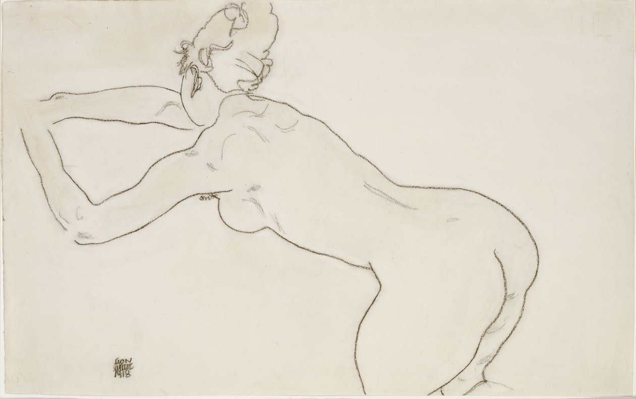 Nu feminino ajoelhado e curvado para a esquerda, 1918 de Egon Schiele