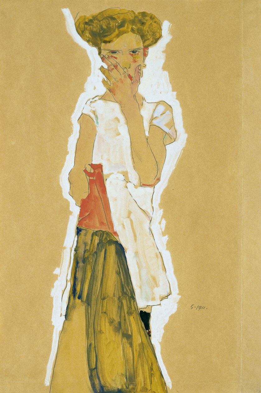 "Fille debout en combinaison blanche" (Garota em Pé em Branco Petticoat) Gouache sur papier d