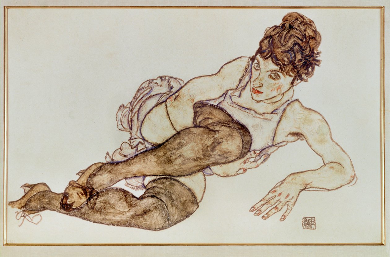 Mulher com meias castanhas - Mulher ... (guache e lápis de cor preto) de Egon Schiele