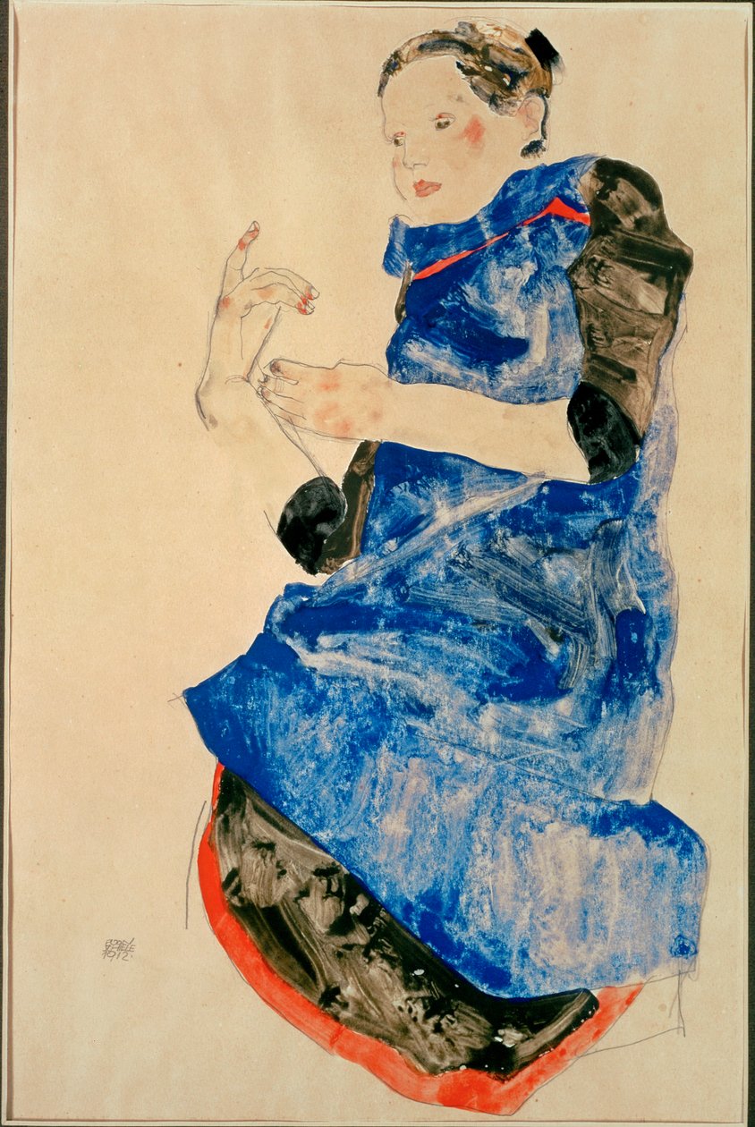 Rapariga de avental azul (aguarela e lápis) de Egon Schiele