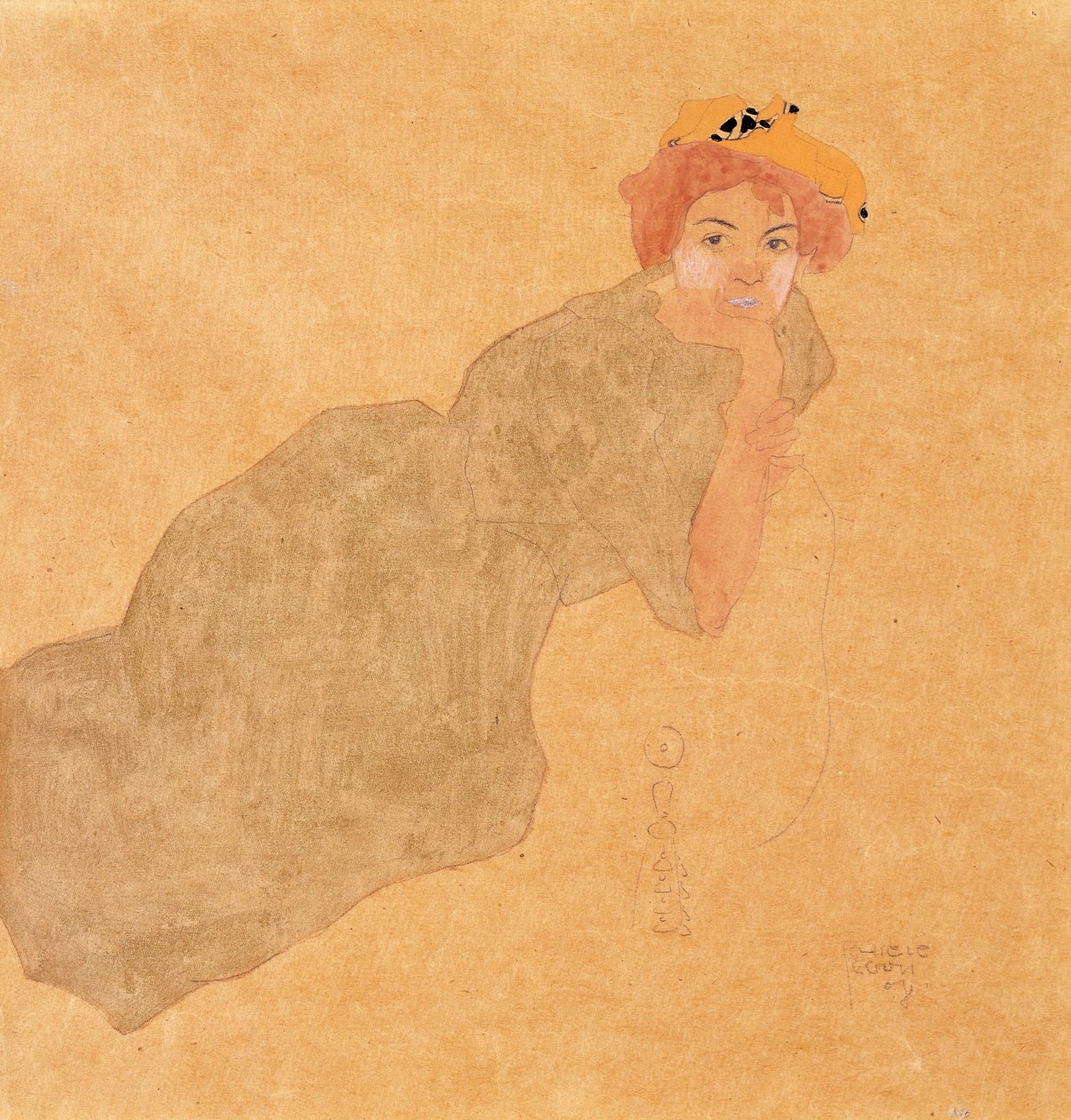 Menina em vestido de cor oliva com braço apoiado; Mulher em um vestido cor de oliva com o braço para cima de Egon Schiele