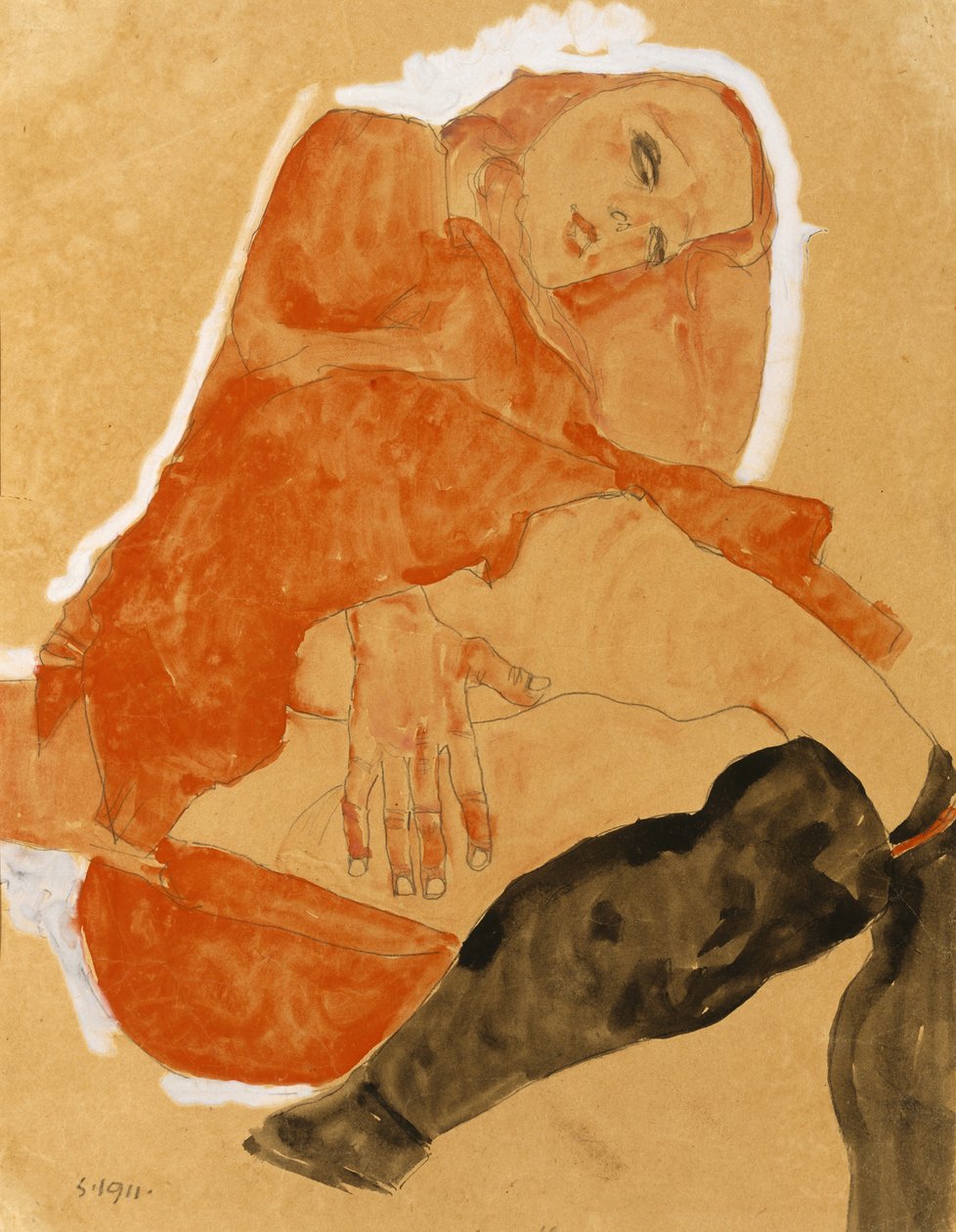 Rapariga de Meias Pretas e de Meias Vermelhas de Egon Schiele