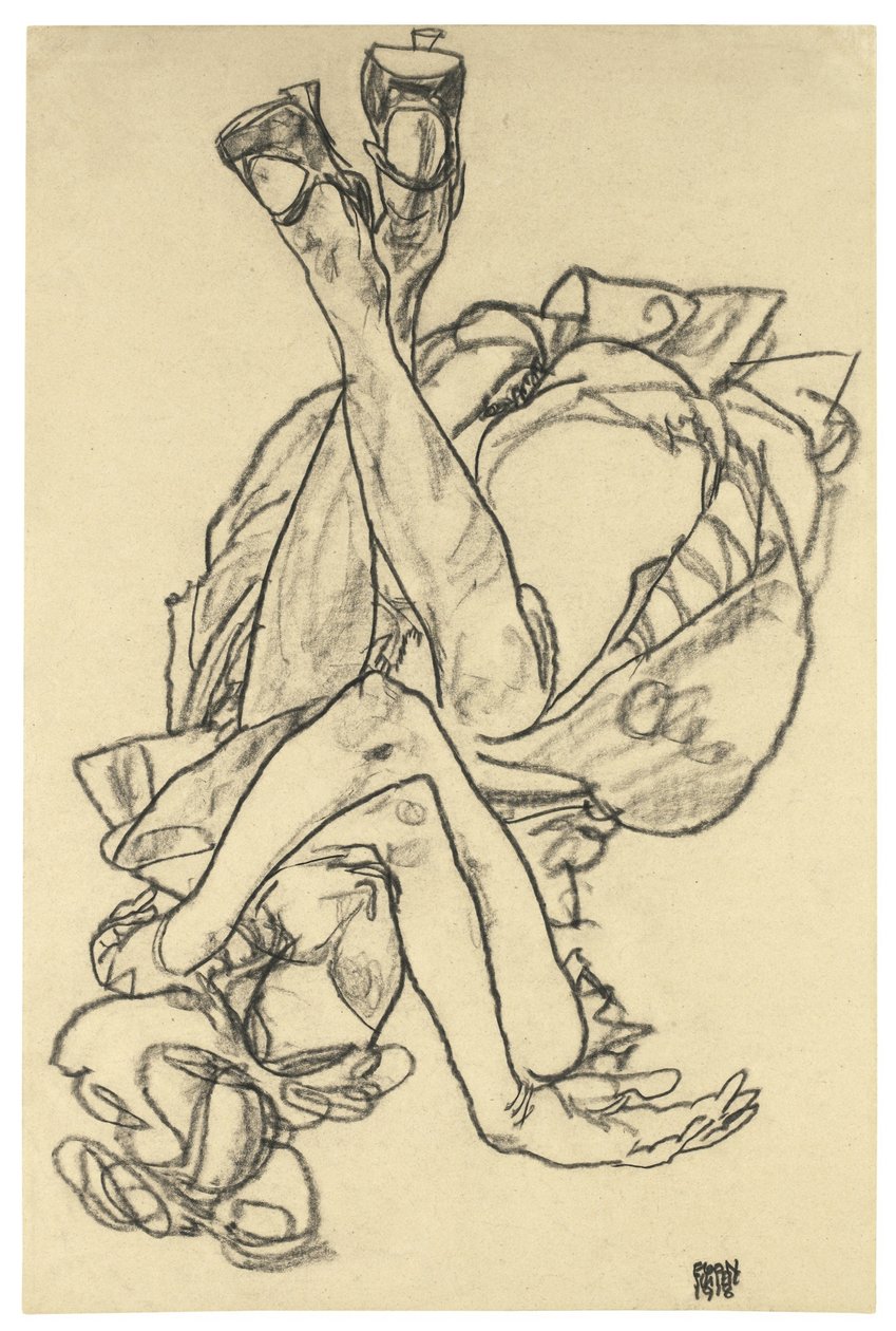 Menina deitada de costas com os braços e pernas cruzados, 1918 de Egon Schiele