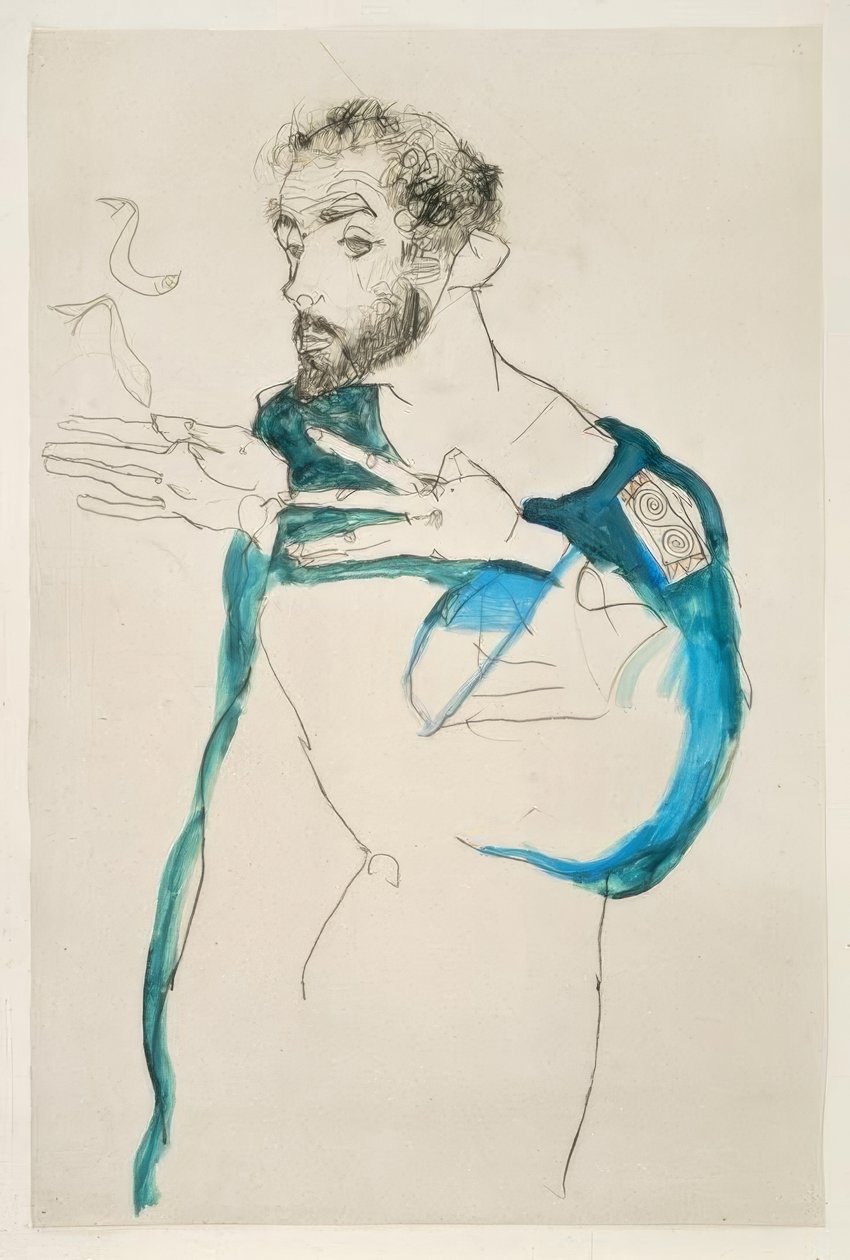 Gustav Klimt em sua bata azul de trabalho de Egon Schiele