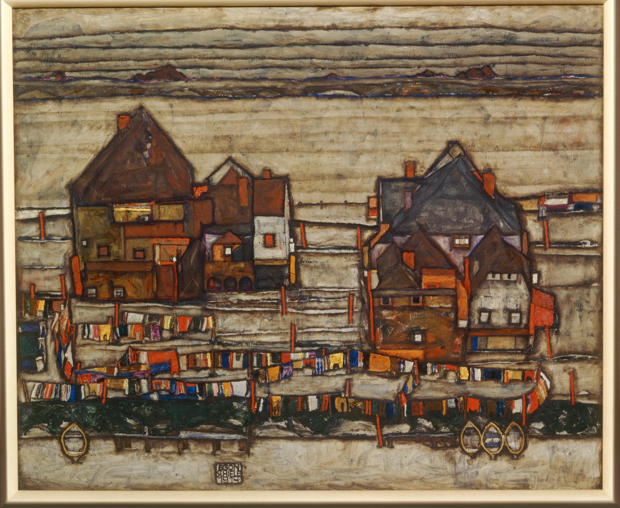 Casas e lavandaria colorida, subúrbio, também dois blocos de casas com linhas de lavagem ... de Egon Schiele