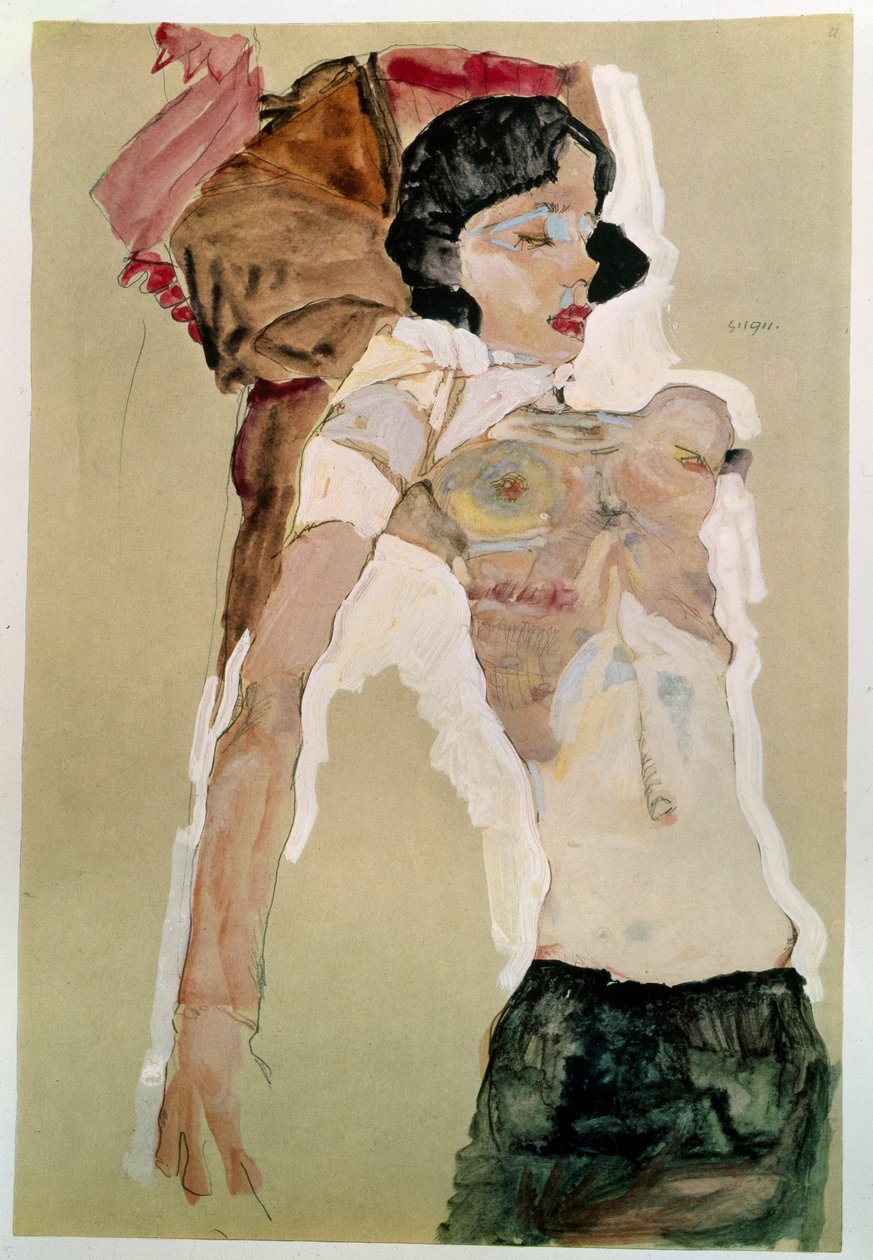 Meia mulher nua. Desenho por Egon Schiele (1890-1918), 1911 Lápis e aquarela sobre papel. Dim: 45,9x31,1cm. Viena, Graphische Sammlung Albertina de Egon Schiele