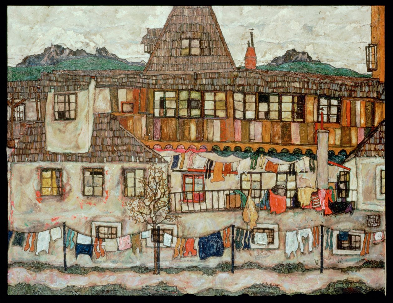 Casa com roupa a secar (pintura sobre tela) de Egon Schiele