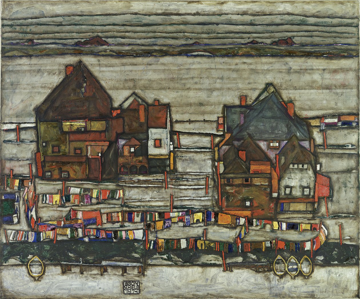 Casas com linhas de lavagem, 1914 de Egon Schiele