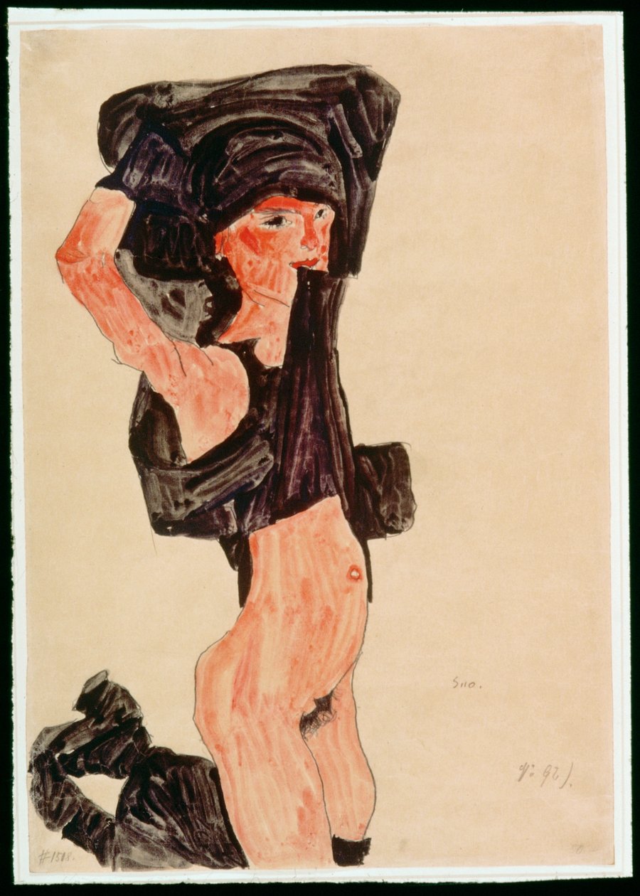 Rapariga ajoelhada, a despir-se (guache, aguarela e lápis) de Egon Schiele