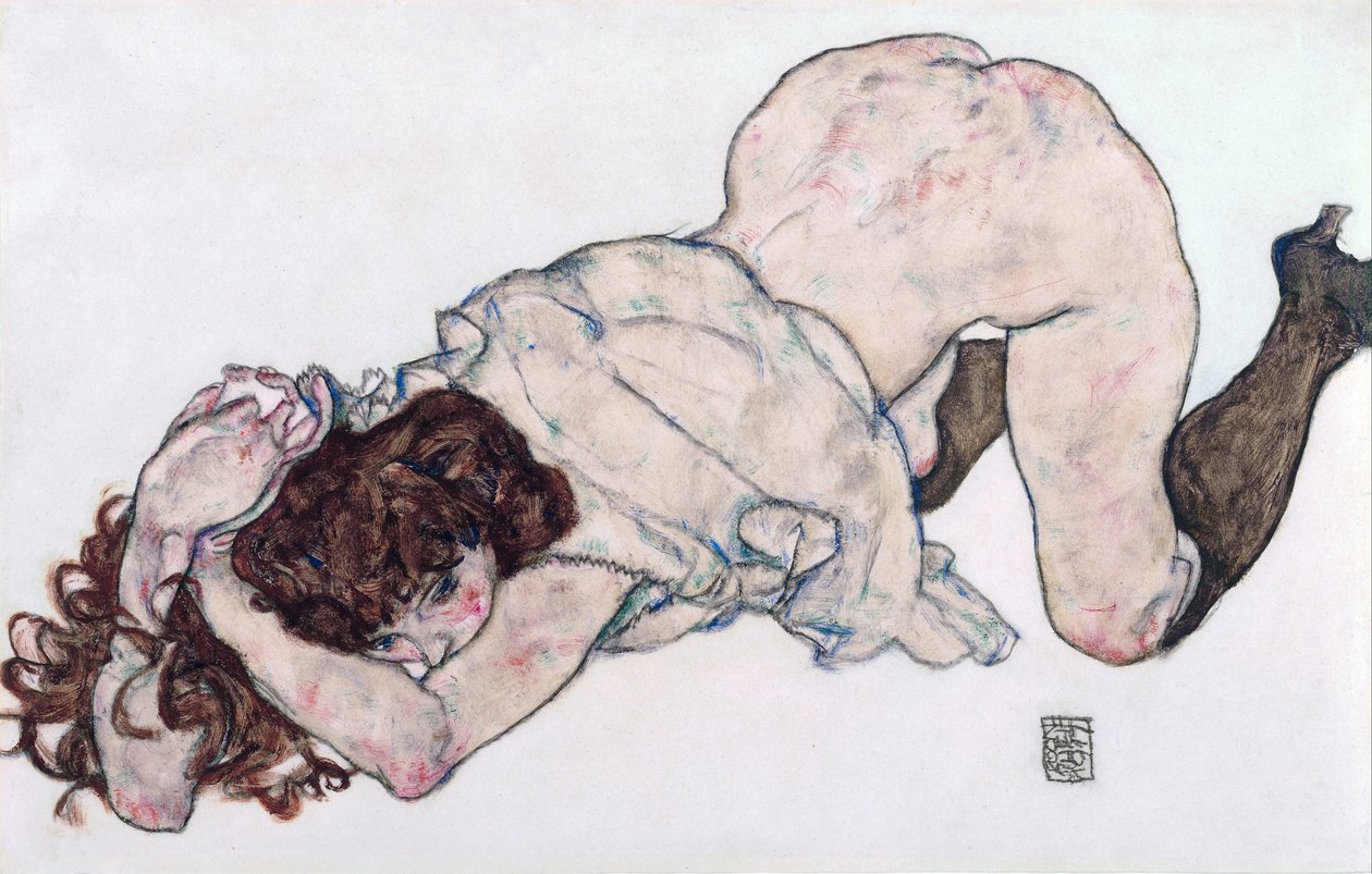 Ajoelhada, Descansando em Ambos os Cotovelos - Schiele, Egon (1890-1918) - 1917 - Giz Preto, Gouache em Papel - 28,7x44,3 - Museu Leopold, Viena de Egon Schiele