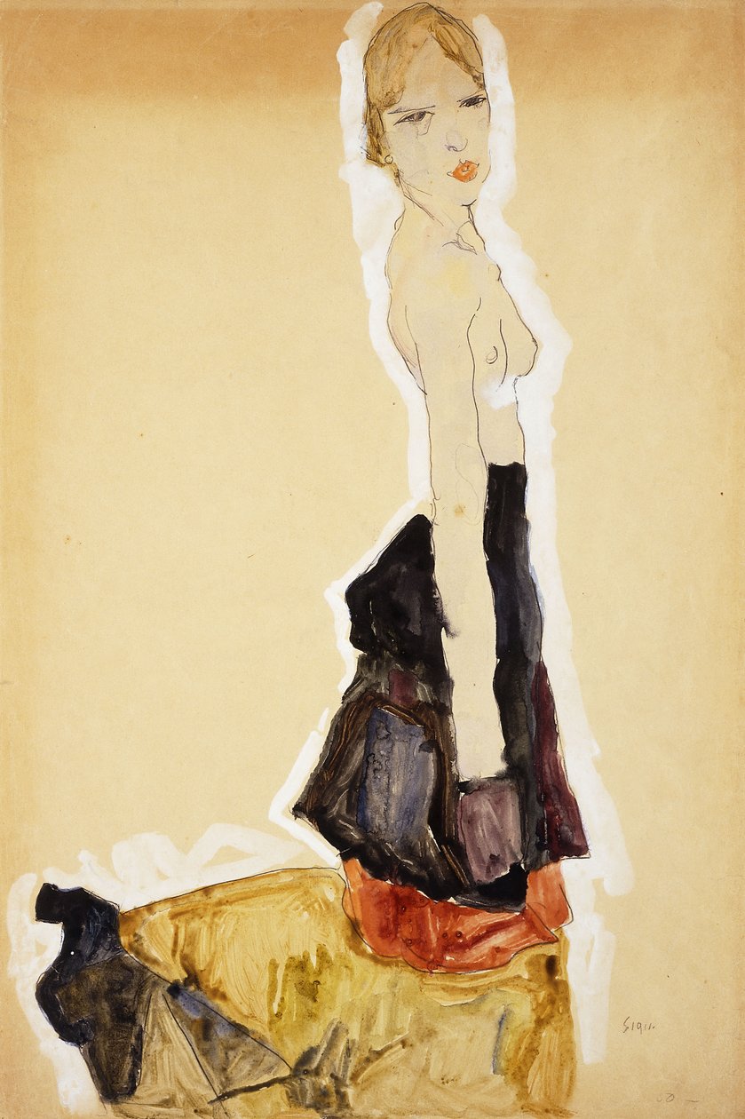 Menina ajoelhada com saia espanhola; Menina ajoelhada com saia espanhola, 1911 de Egon Schiele