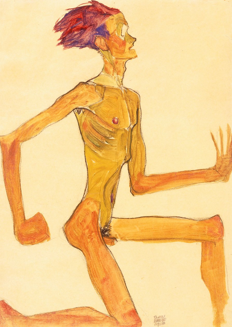 Ajoelhar-se homem nu, de perfil à direita de Egon Schiele