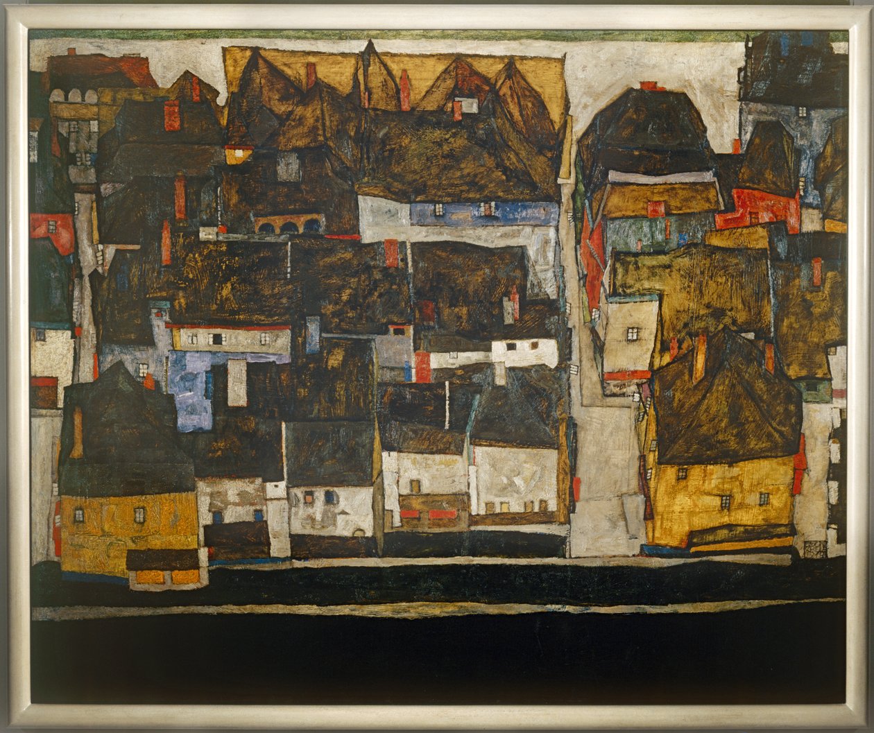 Krumlov e o Vltava - Krumlov no rio Vltava ... (óleo sobre tela) de Egon Schiele
