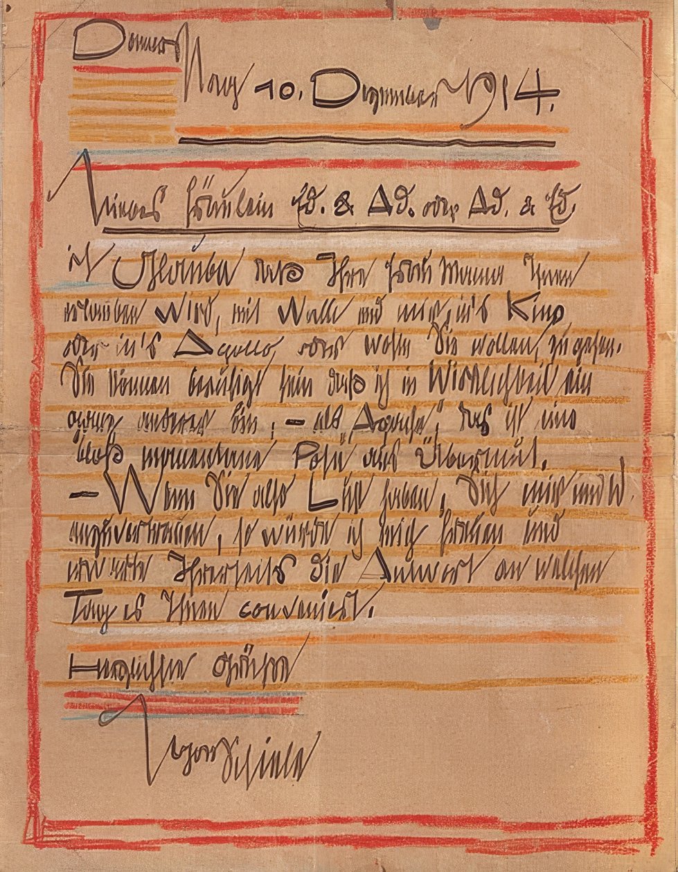 Carta artisticamente desenhada de Egon Schiele para as irmãs Edith e Adele Harms de 10 de dezembro de 1914 de Egon Schiele