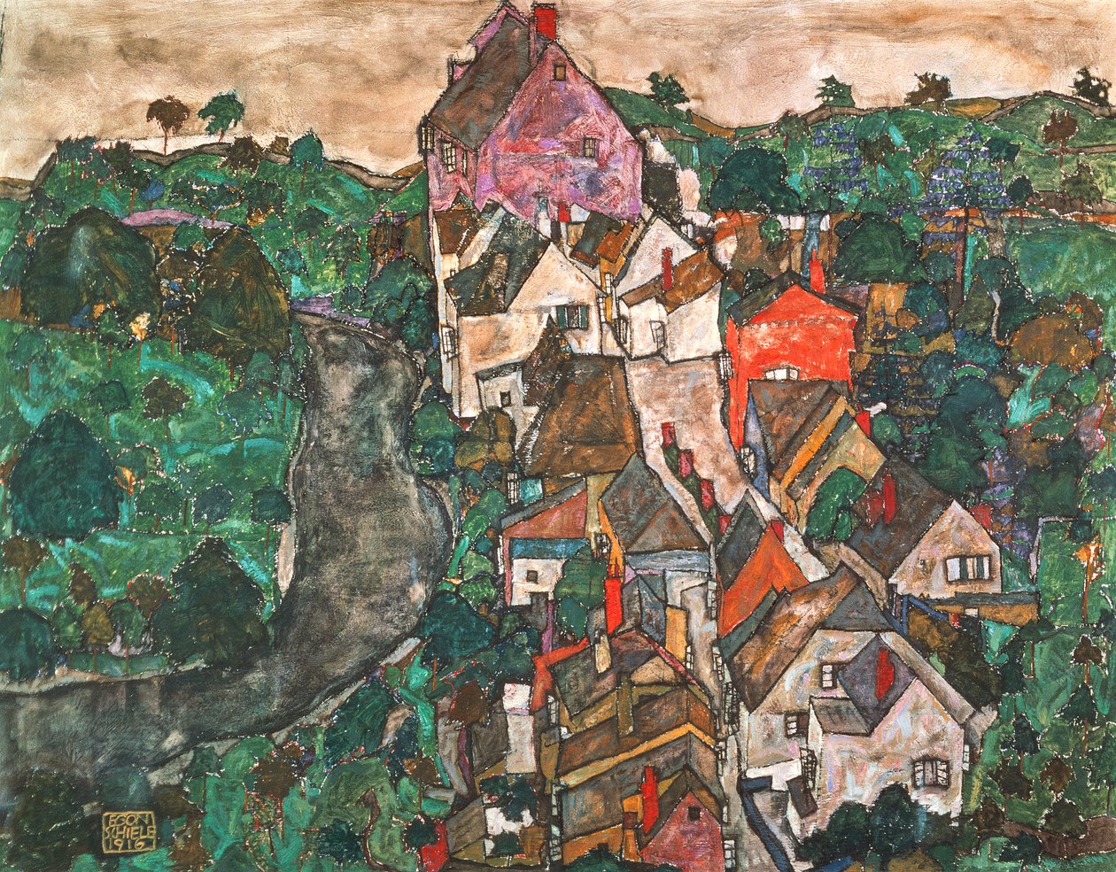 Paisagem em Krumau de Egon Schiele