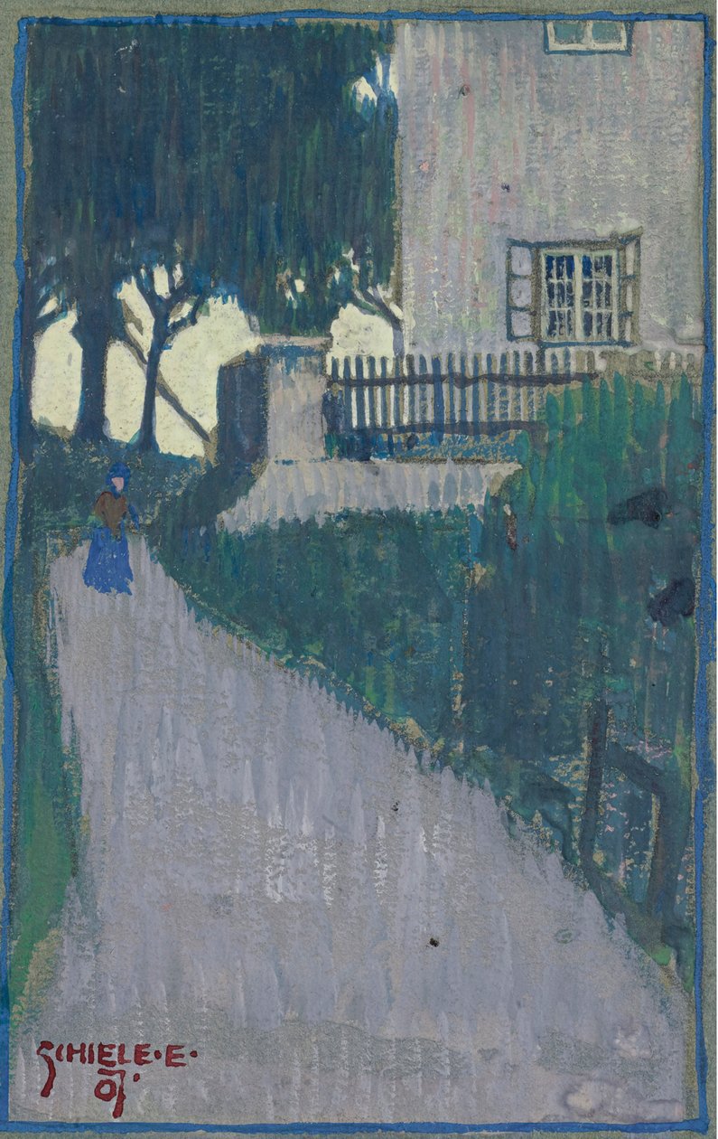 Paisagem com casa, árvores e figura feminina par Schiele, Egon (1890-1918) de Egon Schiele