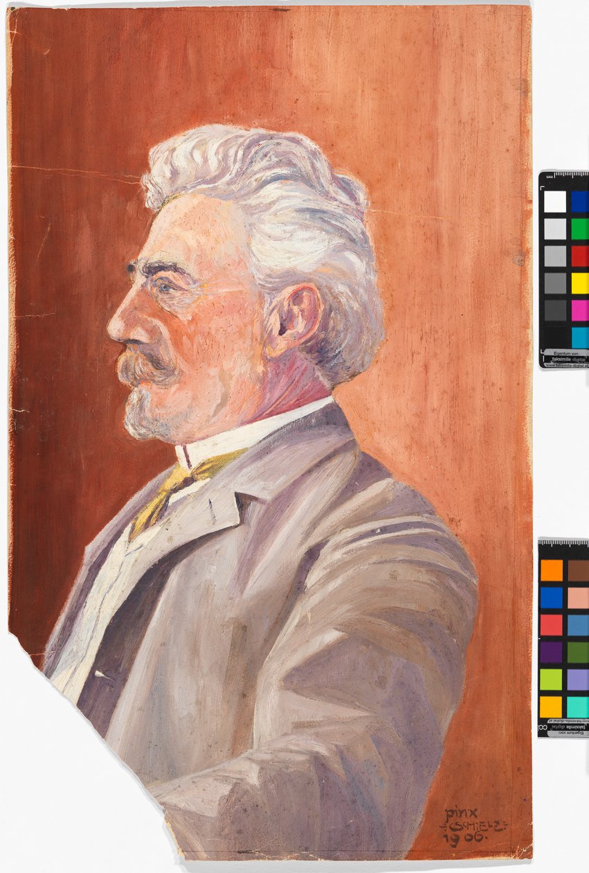 Perfil de Leopold Czihaczek sobre um fundo vermelho de Egon Schiele
