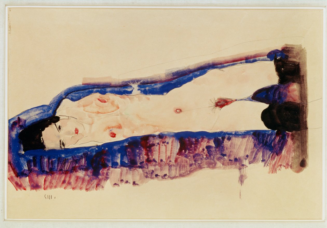 Nu em decúbito dorsal com meias pretas ... (aguarela e lápis) de Egon Schiele