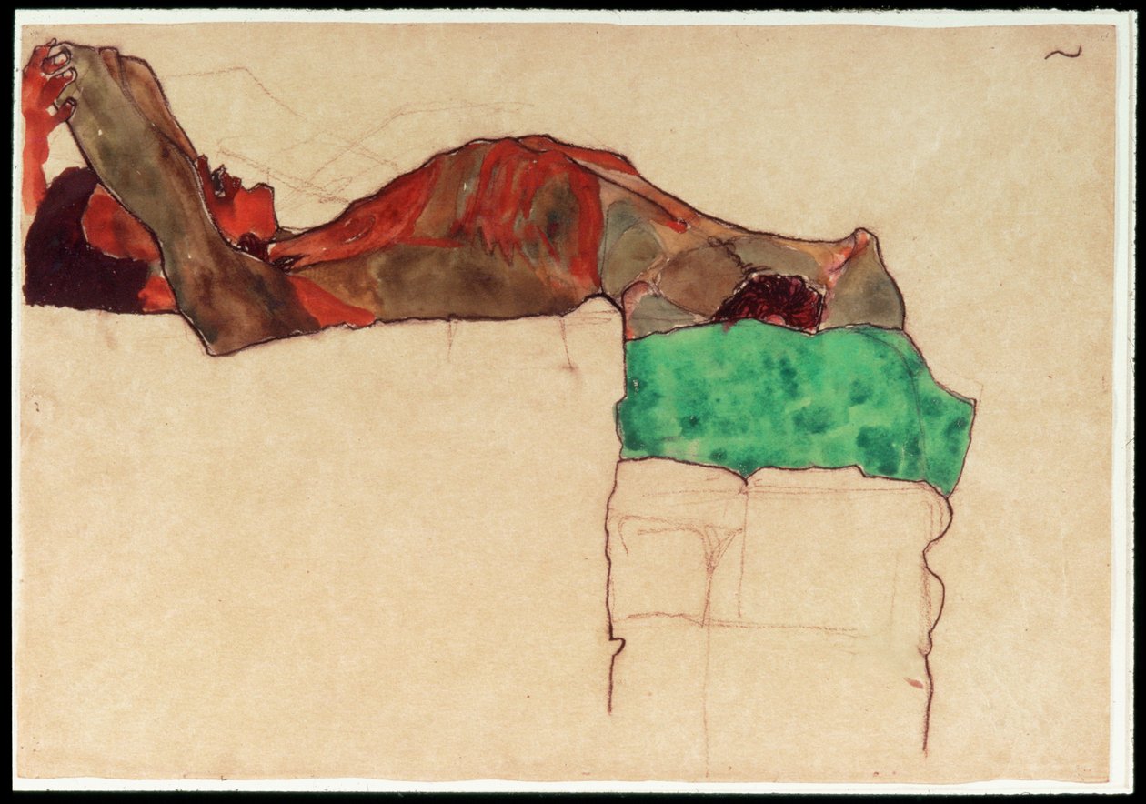 Reclining Male Nude with Green Cloth [Nu masculino reclinado com pano verde] (aguarela e carvão) de Egon Schiele