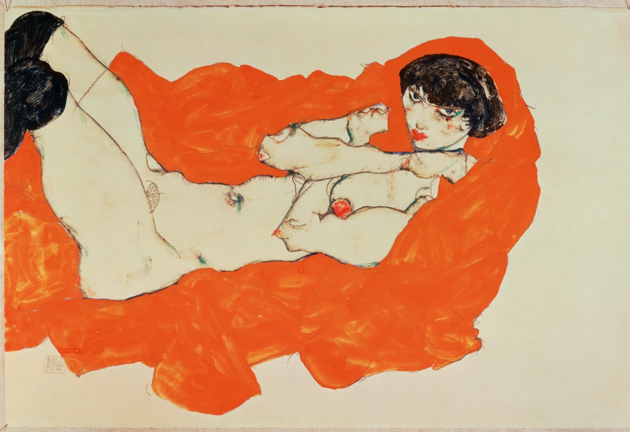 Nu feminino reclinado sobre tecido vermelho - Reclinado ... (guache e lápis de cor preto) de Egon Schiele