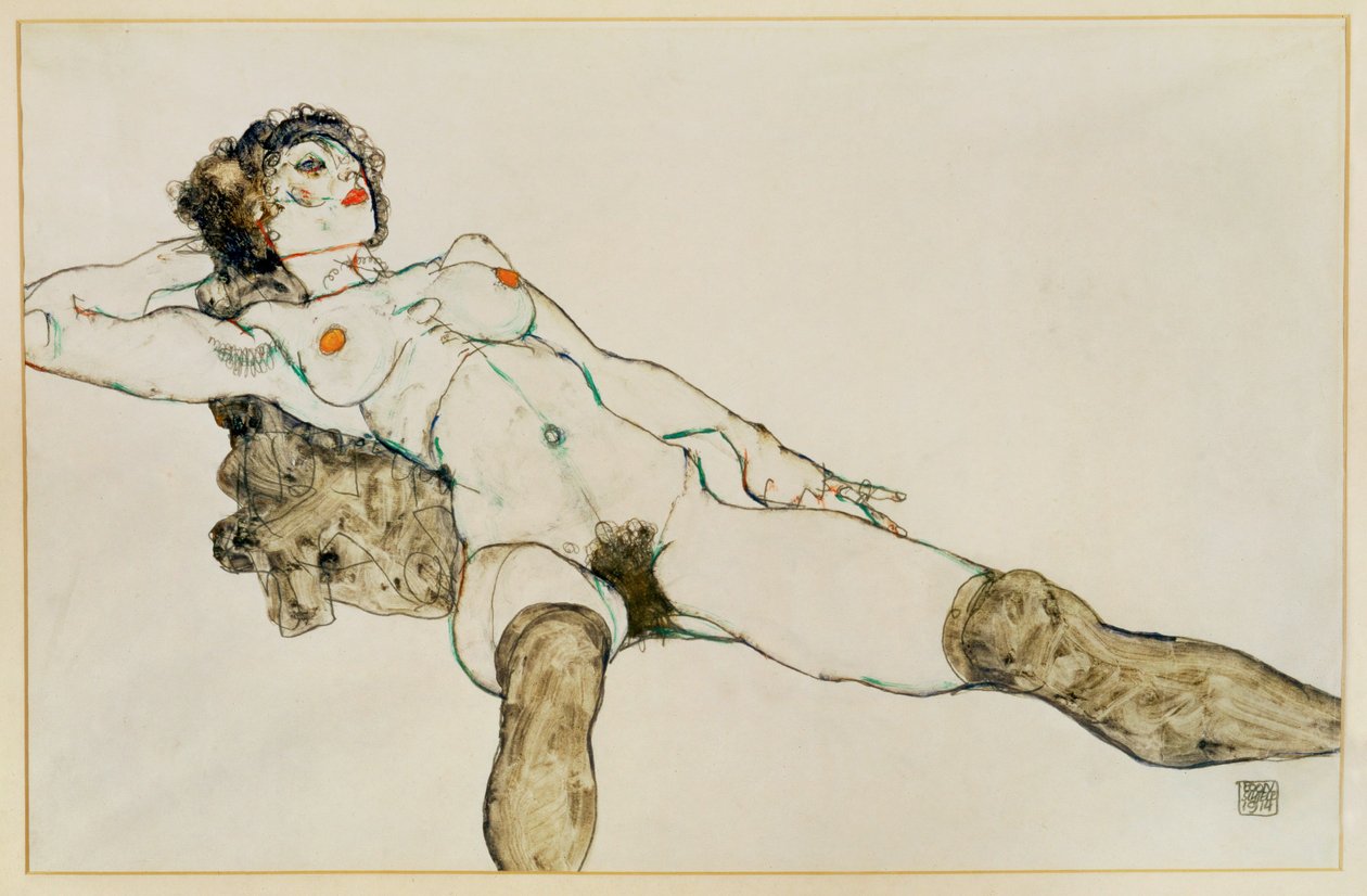 Nu feminino reclinado com as pernas abertas ... (guache e lápis) de Egon Schiele