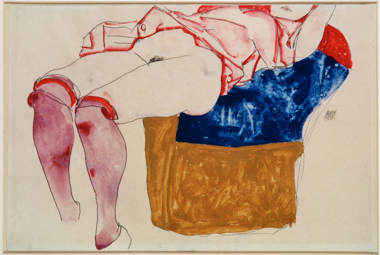 Rapariga reclinada com meias violetas [Rapariga reclinada ... (guache, aguarela e lápis) de Egon Schiele