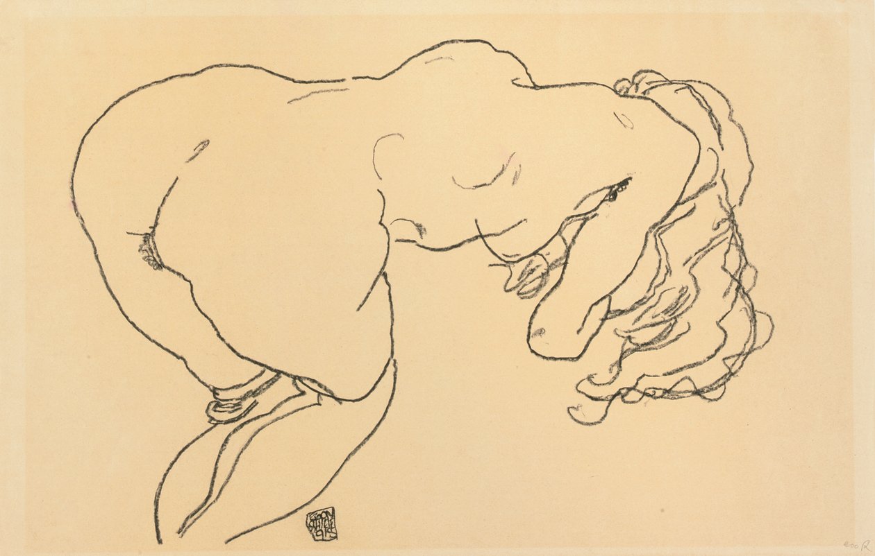 Nude de cabelos compridos, inclinando-se para a frente, vista traseira; Langhaariger Akt, vornubergebeugt, Ruckenansicht, 1918 de Egon Schiele