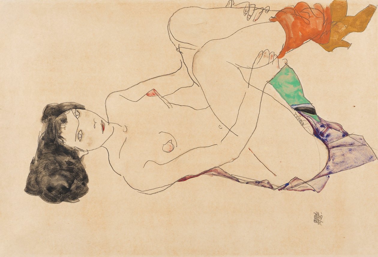 Deitado nu feminino com pernas levantadas, 1913. de Egon Schiele