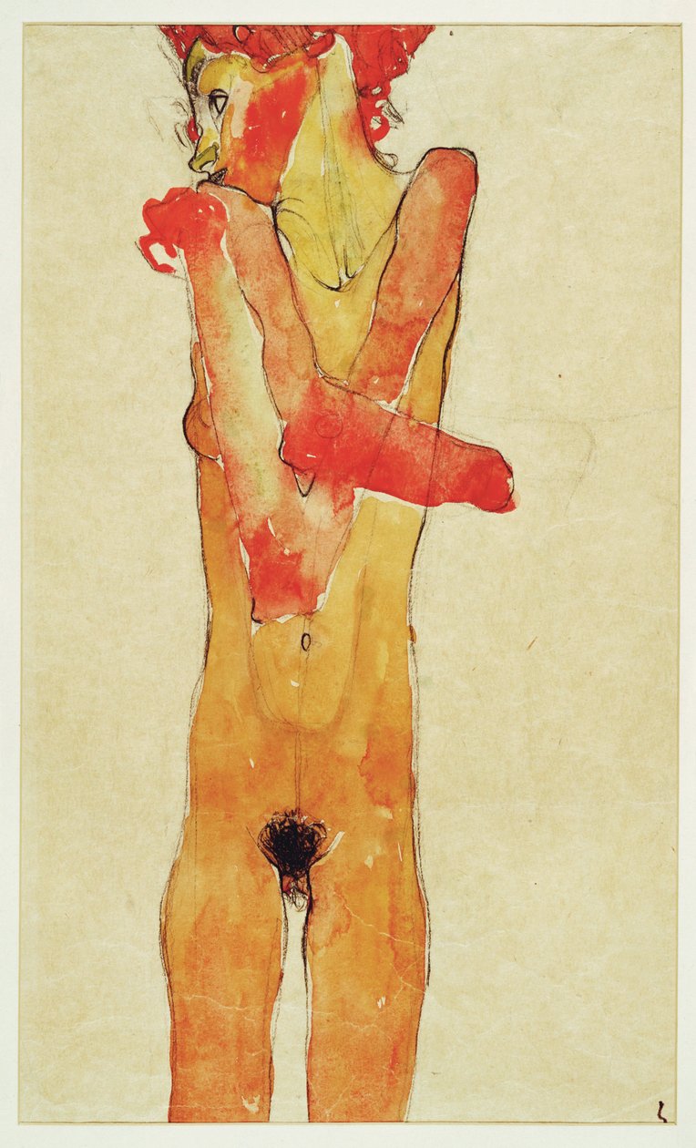 Maedchenakt mit verschraenkten Armen (rapariga nua com ... (aguarela e carvão) de Egon Schiele