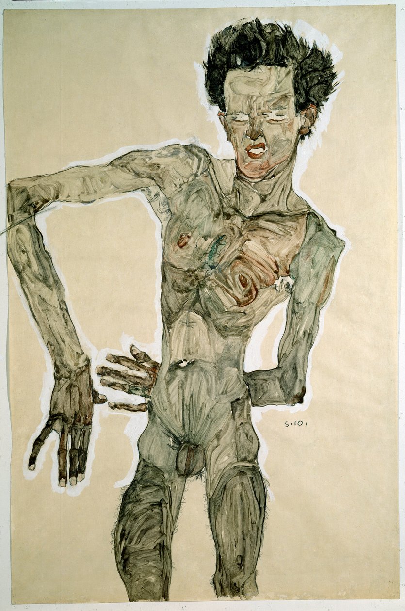 Macho Nu (Auto Retrato). Desenho de Egon Schiele (1890-1918), 1910. Lápis, aquarela e têmpera sobre papel. Dim: 55,7x36,8cm. Viena, Graphische Sammlung Albertina de Egon Schiele