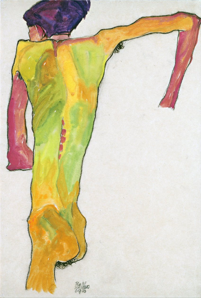 Nu Masculino, a Esconder-se (Homme nu, se soutenant) - Schiele, Egon (1890-1918) - 1910 - Gouache sobre papel - 44,7x30,2 - Museu Leopold, Viena de Egon Schiele