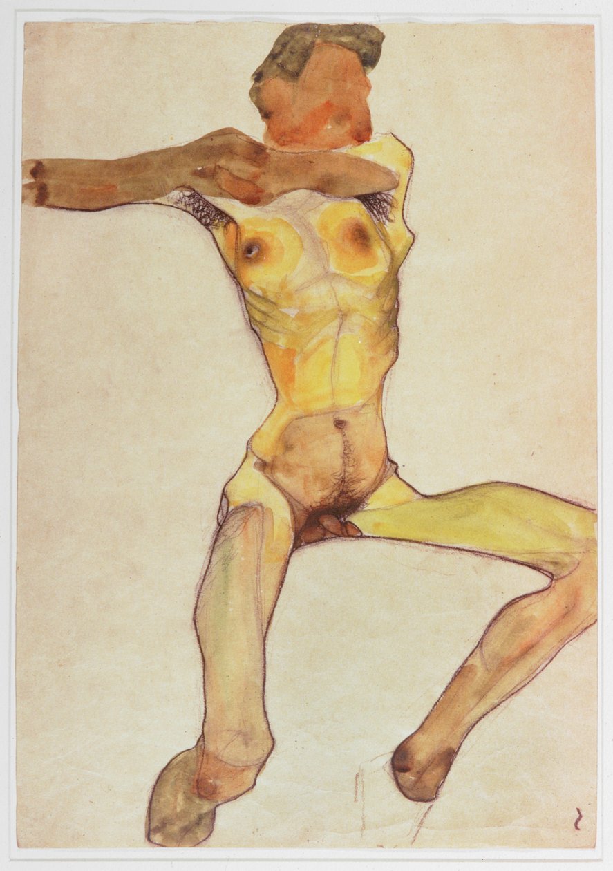 Nu masculino, amarelo (aguarela e carvão) de Egon Schiele