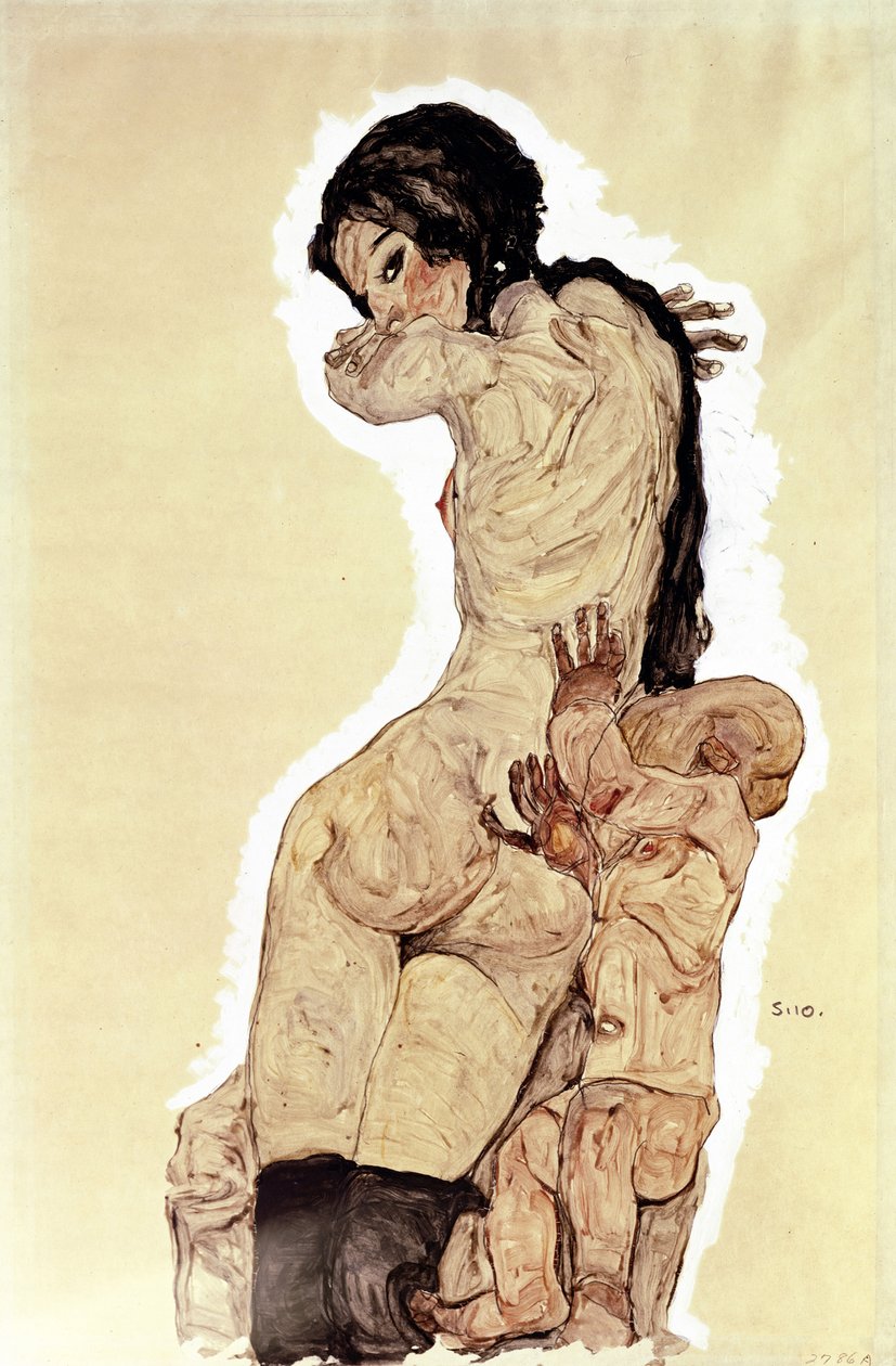 Mãe e filho. (Mãe e filho). Obra de Egon Schiele (1890-1918), aquarela e guache sobre papel de Egon Schiele