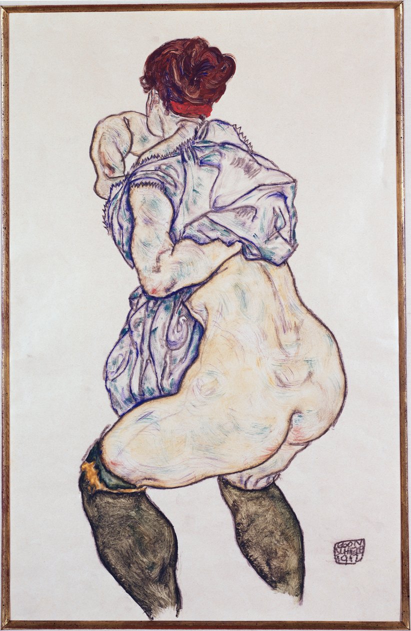 Senhora Halbakt com meias verdes, 1917 de Egon Schiele